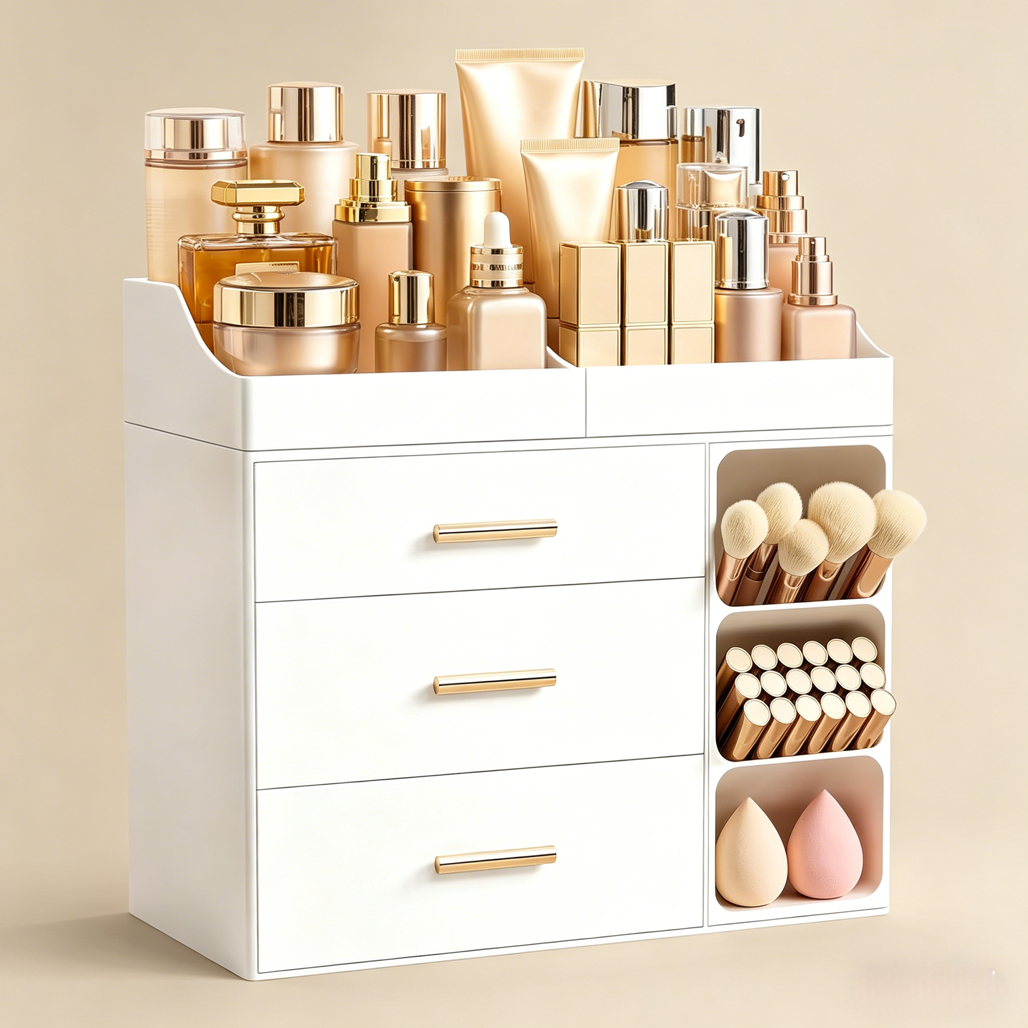 HBlife Makeup Organizer Countertop with Brush Holder,Large Bathroom Counter Organizer with Drawers,Skincare Organizers for Vanity,Plastic Dresser Organizer Storage Gift for Women Girl Mom,All White