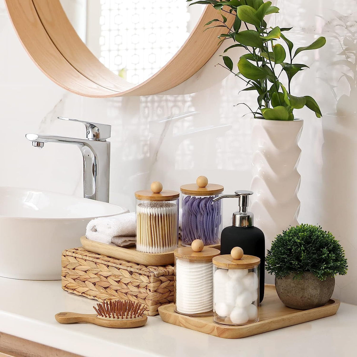 HBlife 4 Pack Qtip Holder Dispenser with Bamboo Lids - Clear Plastic Apothecary Jar for Makeup Storage - Bathroom Set