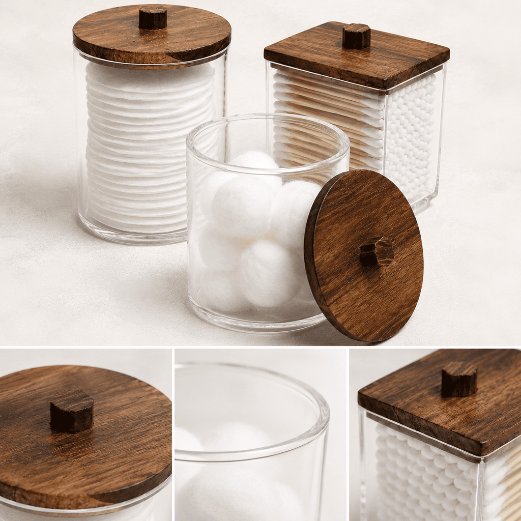 HBlife 4 Pack Qtips Holder Bathroom Container, 10/7 OZ Cotton Ball/Swabs Dispenser, Apothecary Jar Organizer for Storage Brown Wood Lids