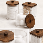 HBlife 4 Pack Qtips Holder Bathroom Container, 10/7 OZ Cotton Ball/Swabs Dispenser, Apothecary Jar Organizer for Storage Brown Wood Lids