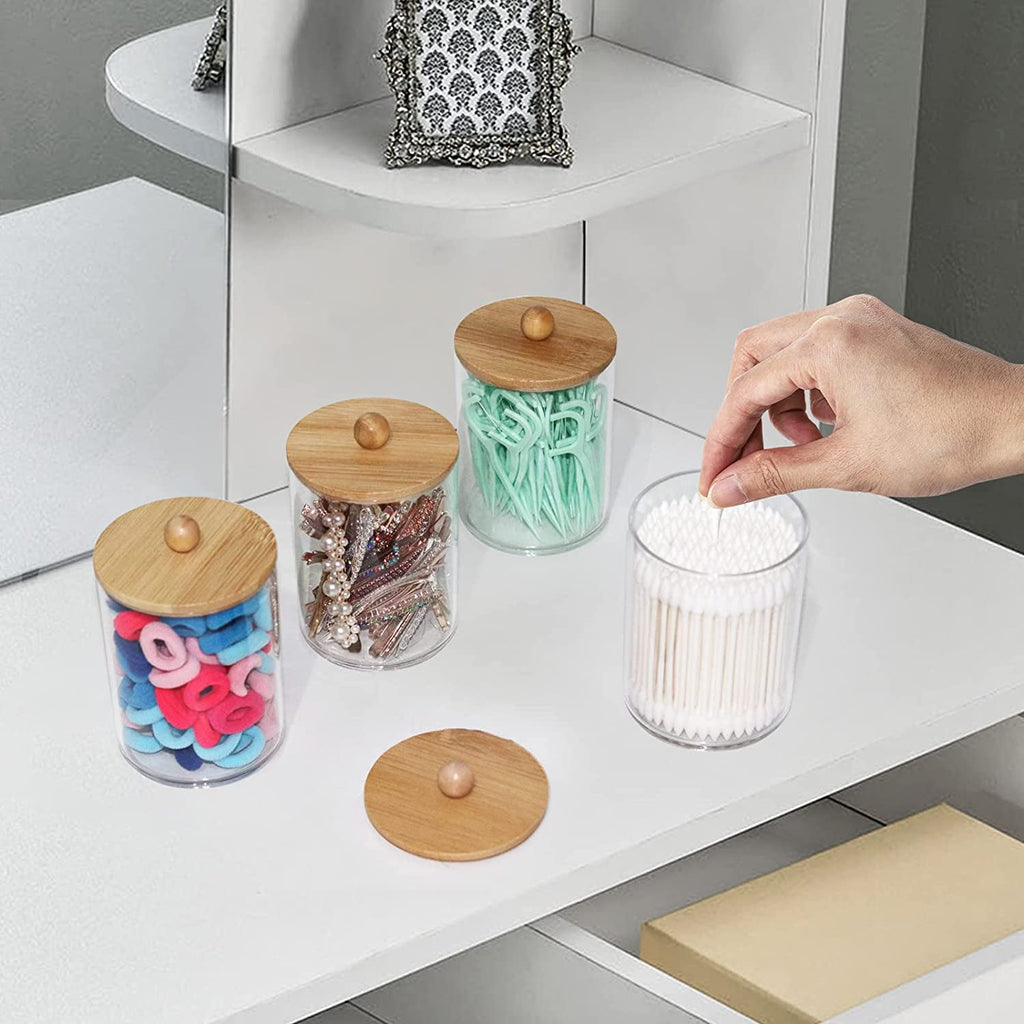 HBlife 4 Pack Qtip Holder Dispenser with Bamboo Lids - Clear Plastic Apothecary Jar for Makeup Storage - Bathroom Set