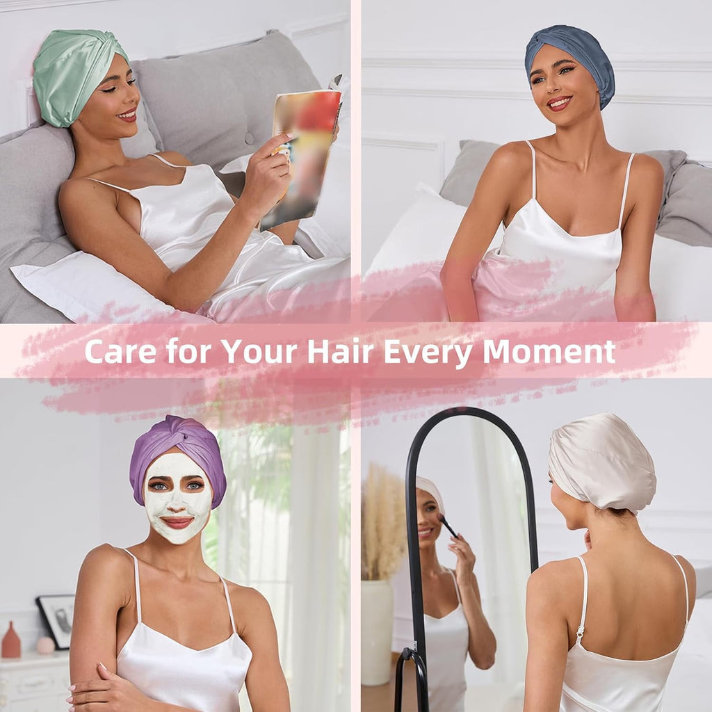 HBlife Adjustable Silk Satin Hair Bonnet for Sleeping Women,Double Layer,Night Turban for Large Long Curly Braid Women Men Hair - Black