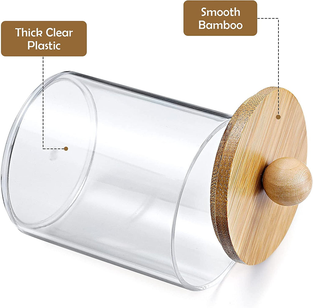 HBlife 4 Pack Qtip Holder Dispenser with Bamboo Lids - Clear Plastic Apothecary Jar for Makeup Storage - Bathroom Set
