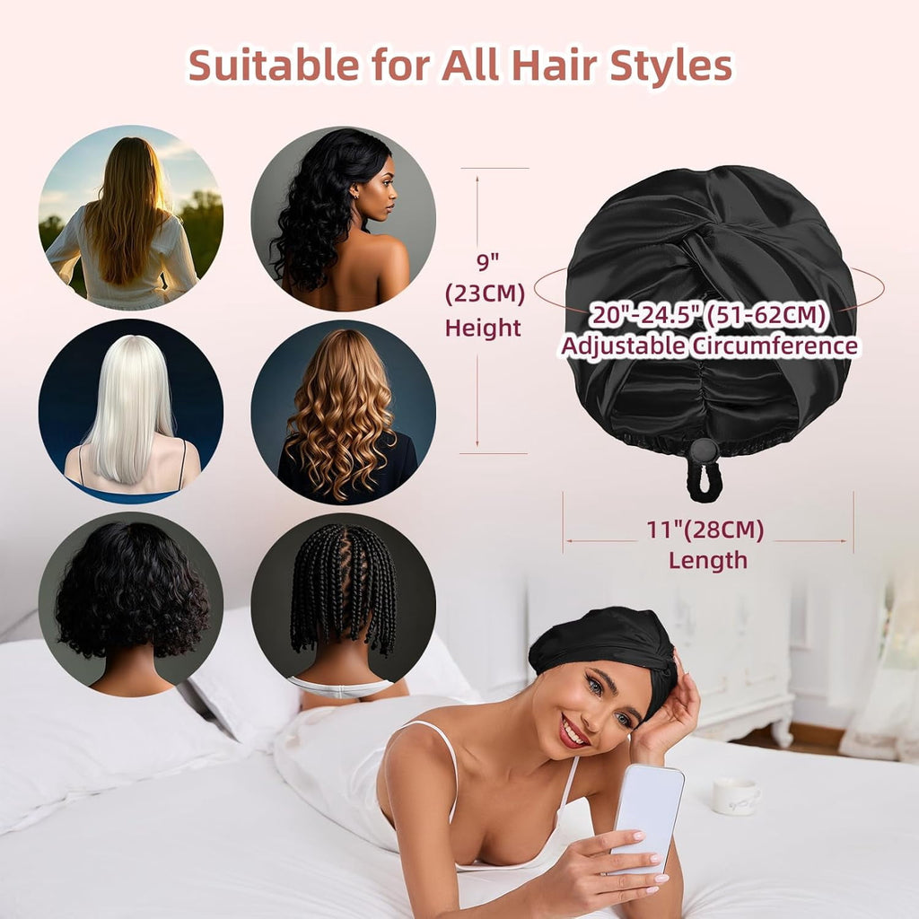 HBlife Adjustable Silk Satin Hair Bonnet for Sleeping Women,Double Layer,Night Turban for Large Long Curly Braid Women Men Hair - Black