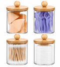 HBlife 4 Pack Qtip Holder Dispenser with Bamboo Lids - Clear Plastic Apothecary Jar for Makeup Storage - Bathroom Set