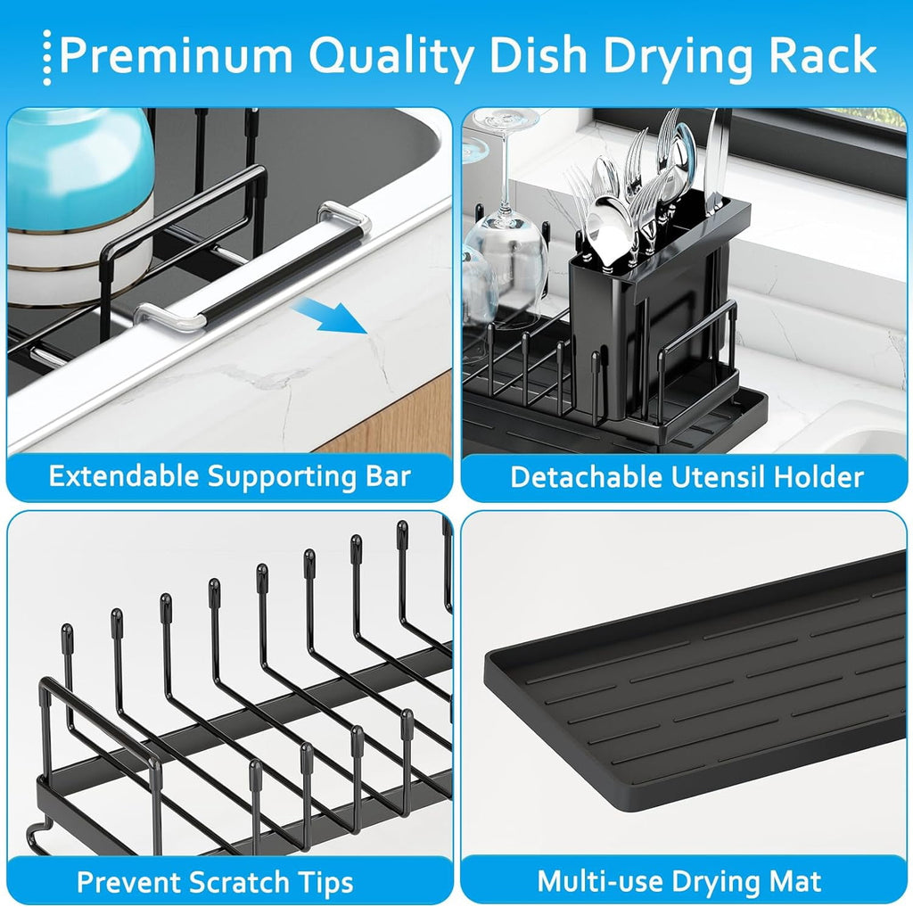 HBlife Expandable Sink Dish Drying Rack, Small Dish Rack Over Sink with Silicone Drying Tray, Sink Dish Drainer for Kitchen Counter with Cutlery Holder