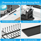 HBlife Expandable Sink Dish Drying Rack, Small Dish Rack Over Sink with Silicone Drying Tray, Sink Dish Drainer for Kitchen Counter with Cutlery Holder