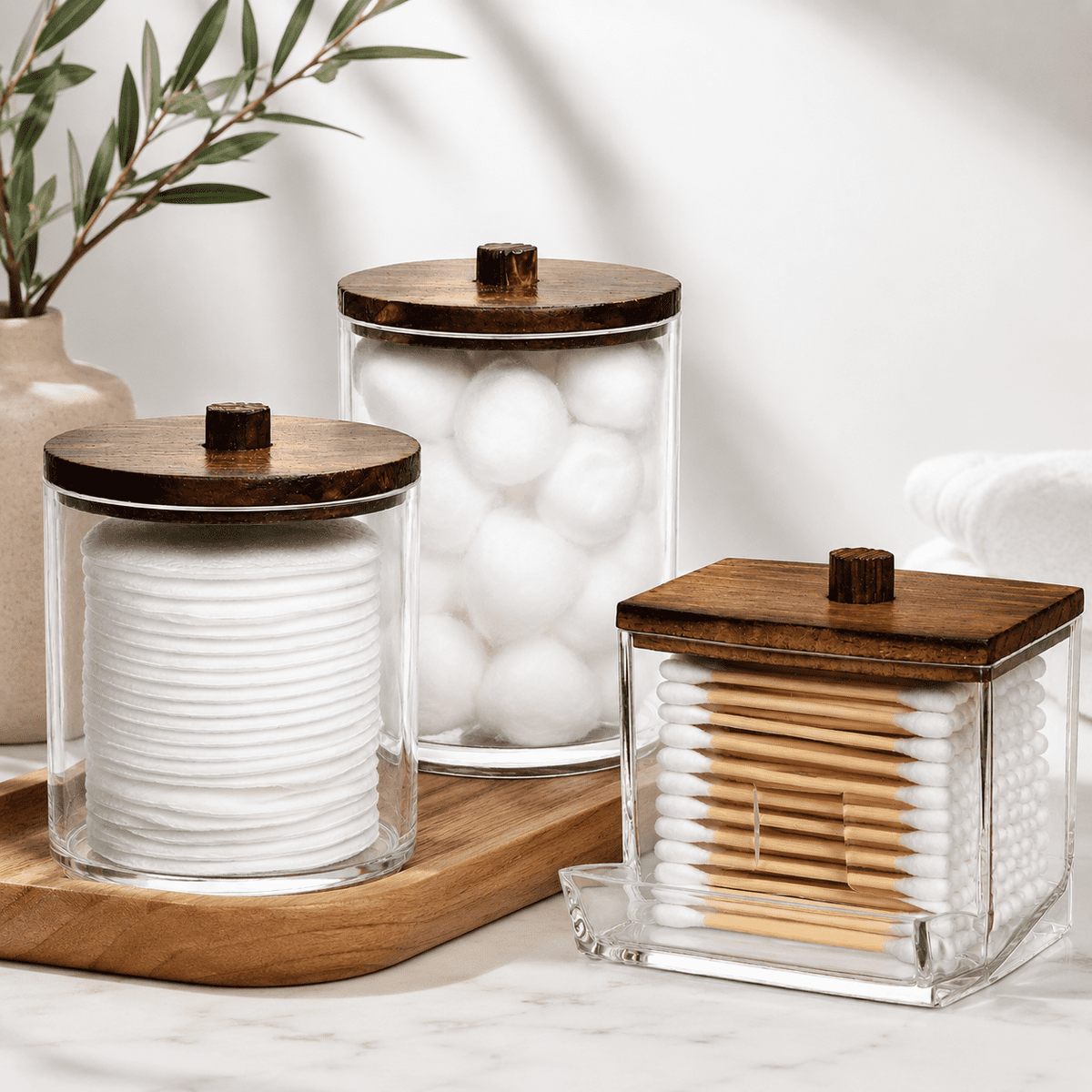 HBlife 4 Pack Qtips Holder Bathroom Container, 10/7 OZ Cotton Ball/Swabs Dispenser, Apothecary Jar Organizer for Storage Brown Wood Lids