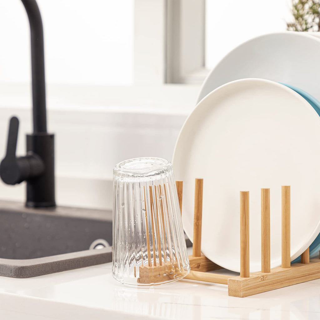 HBlife Acacia Wooden Dish Dying Rack Pot Lid Plate Organizer Holder for Cabinet, Cutting Board Stand Drainer Storage Plate Rack for Dish, Pot Lid, Bowl, Cup, Cutting Board and Books