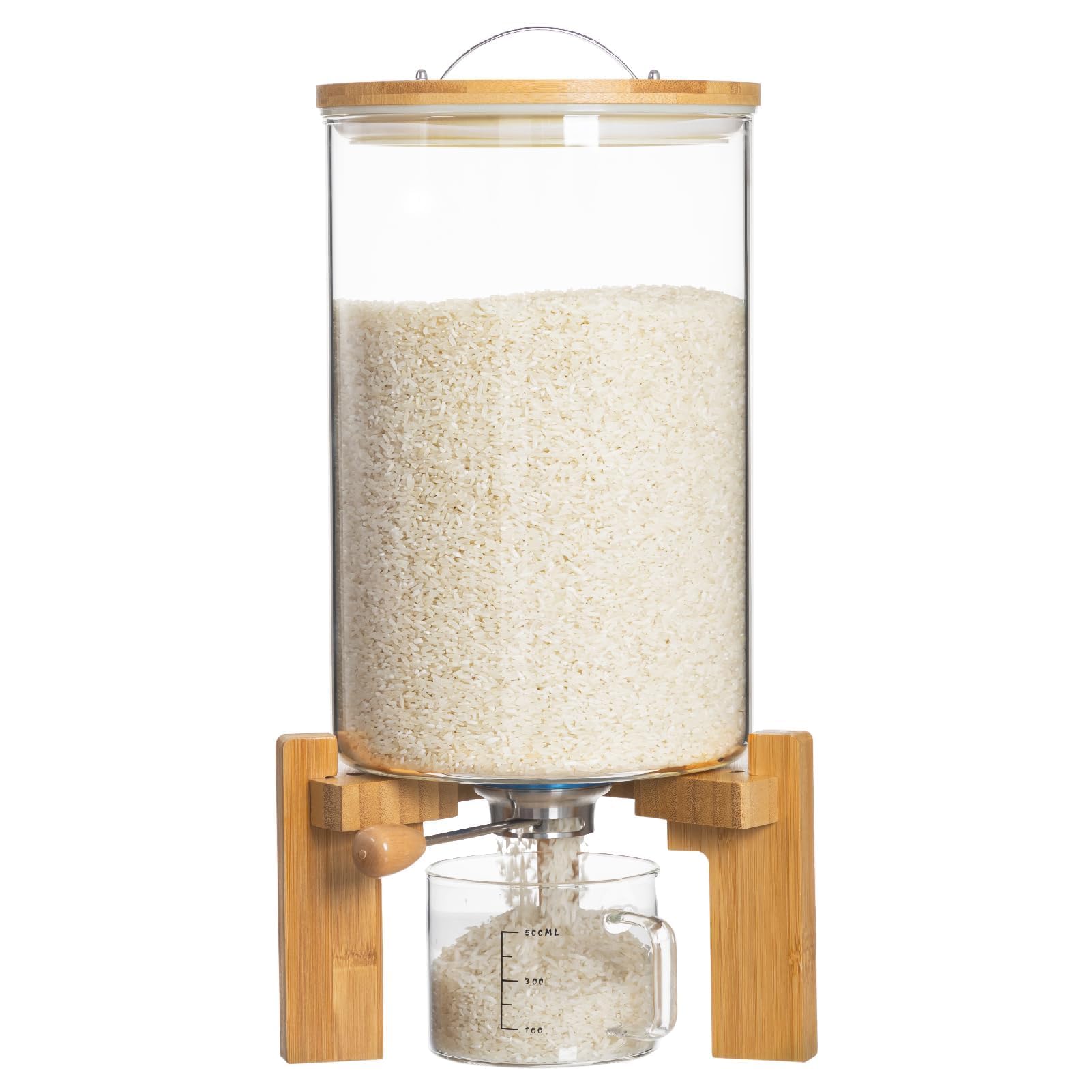 HBlife 5-7 Lbs Glass Rice Dispenser with Wooden Stand Flour and Cereal Container with Glass Measuring Cup Pantry Food Organization Storage Bin with Airtight Bamboo Lid, 3L