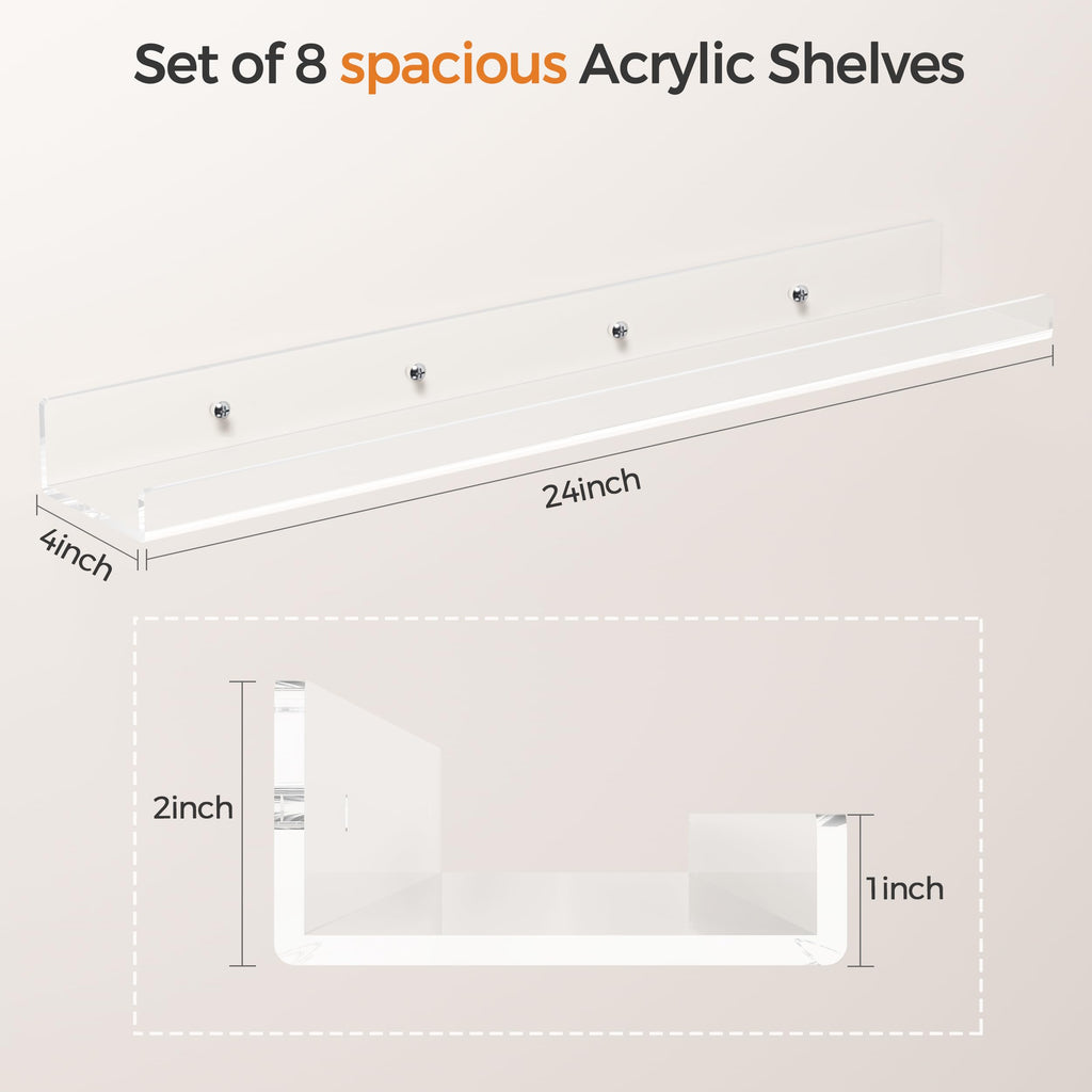 HBlife 24 Inches Floating Shelves Wall Mounted Clear Acrylic Shelves for Figures, 16 Inch Stud Spacing Invisible Floating Bookshelf for Kids and Nursery, 2 Pack (5MM Thick)