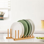 HBlife 2-Pack Bamboo Wooden Dish Rack Holder Space-Saving Vertical Organizer for Plates, Cups, Pots, Lids, Bowls & Cutting Boards Kitchen Cabinet & Counter Storage