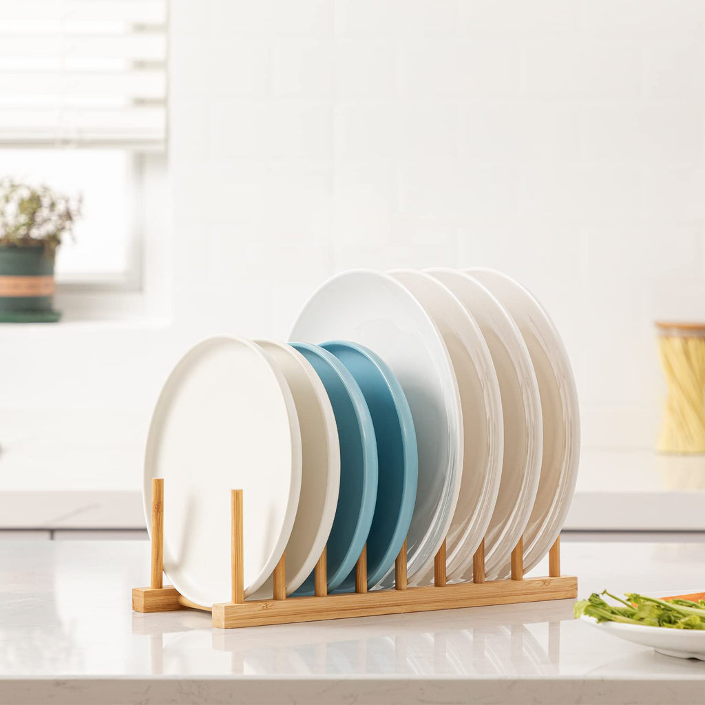 HBlife Acacia Wooden Dish Dying Rack Pot Lid Plate Organizer Holder for Cabinet, Cutting Board Stand Drainer Storage Plate Rack for Dish, Pot Lid, Bowl, Cup, Cutting Board and Books