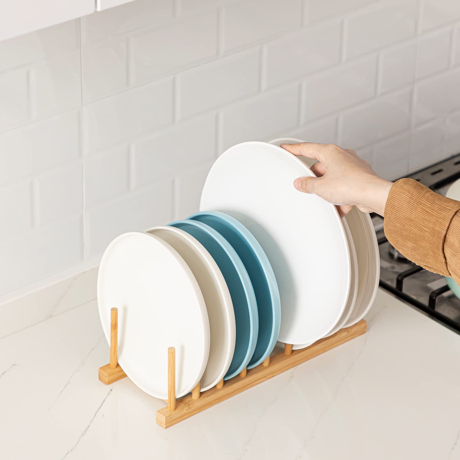 HBlife Acacia Wooden Dish Dying Rack Pot Lid Plate Organizer Holder for Cabinet, Cutting Board Stand Drainer Storage Plate Rack for Dish, Pot Lid, Bowl, Cup, Cutting Board and Books