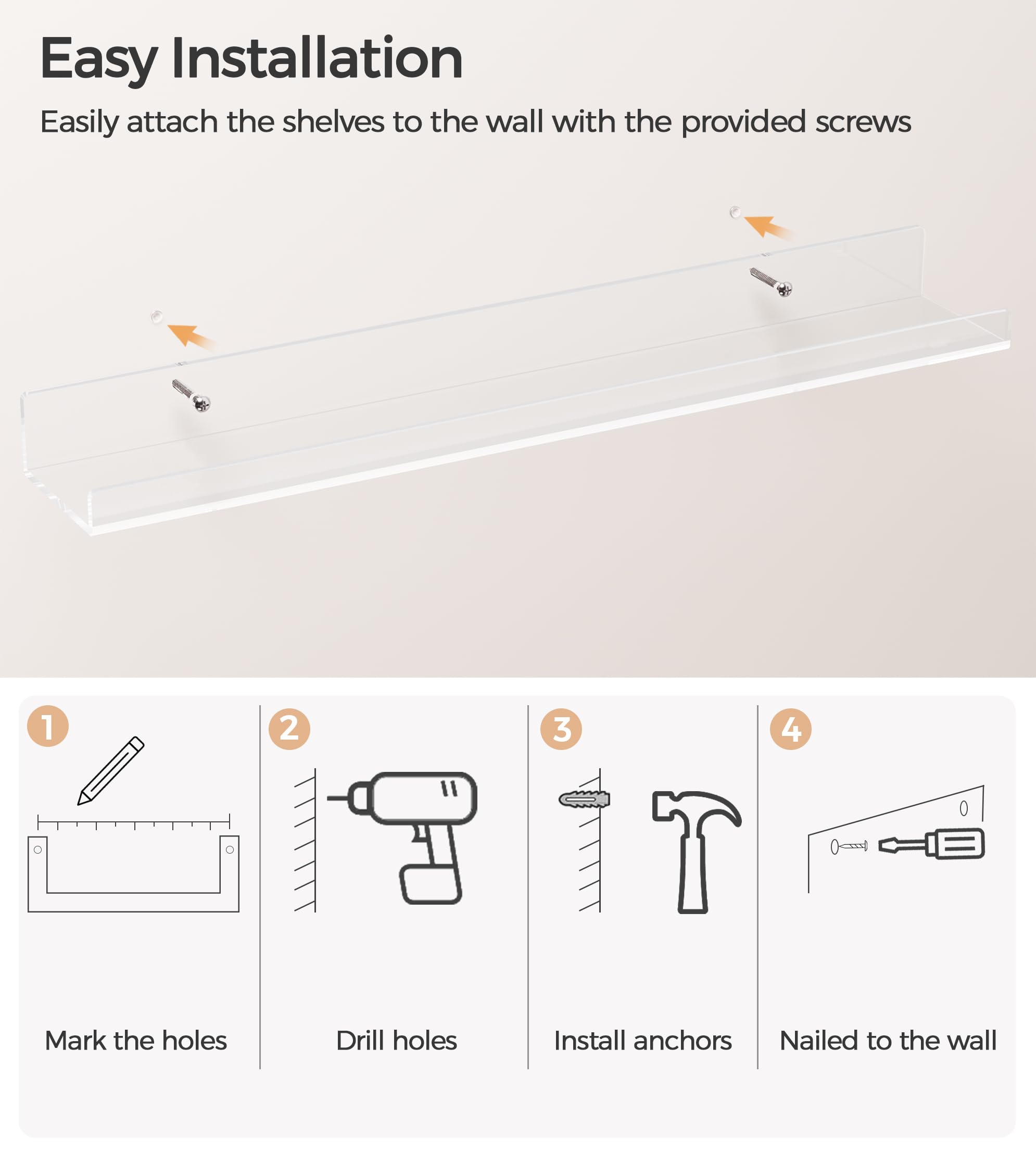HBlife 24 Inches Floating Shelves Wall Mounted Clear Acrylic Shelves for Figures, 16 Inch Stud Spacing Invisible Floating Bookshelf for Kids and Nursery, 2 Pack (5MM Thick)