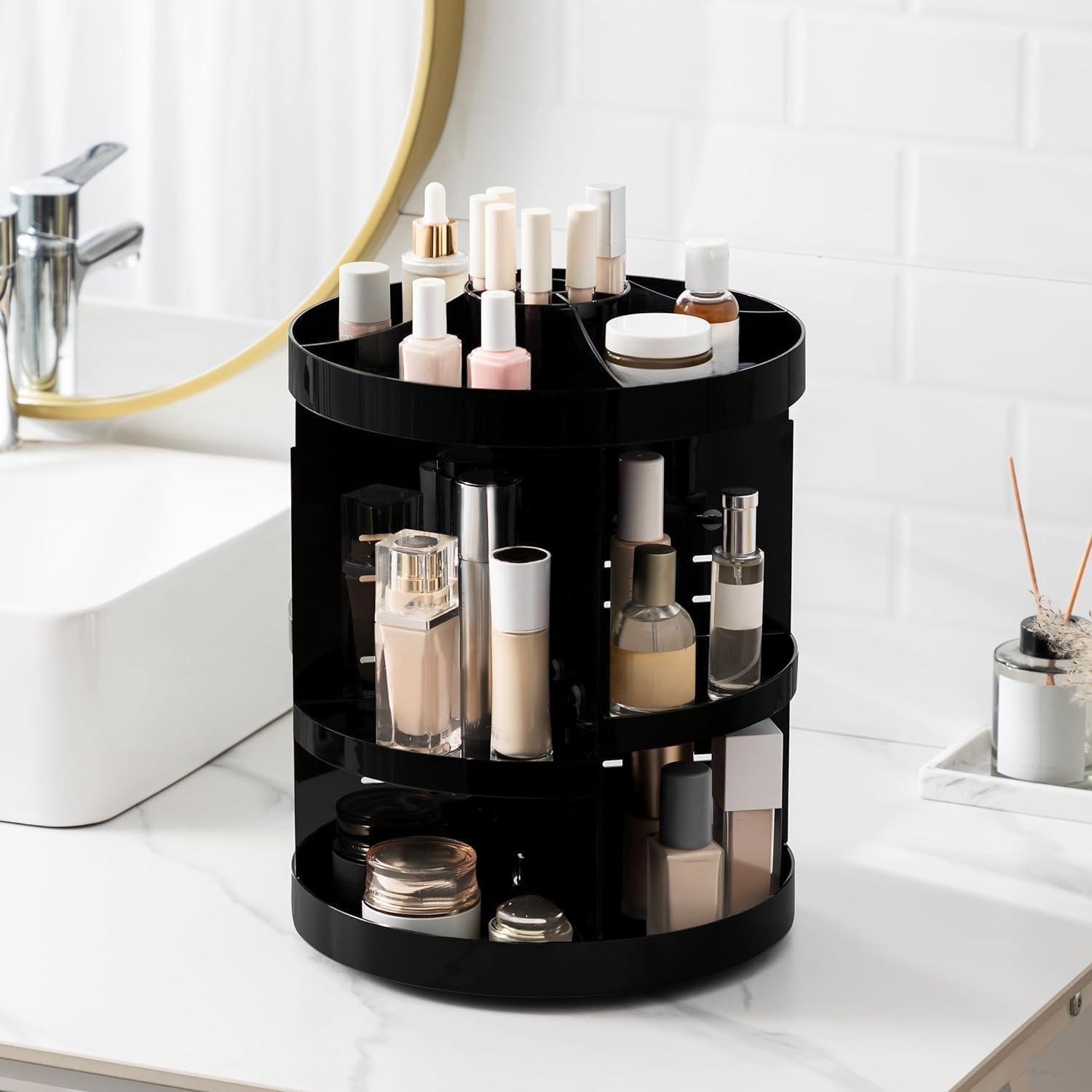 HBlife Extra Large 360 Rotating Makeup Organizer Adjustable Carousel Large Capacity Revolving Perfume Organizer Skincare Organizers Cosmetic Storage Spinning Holder for Vanity, Black