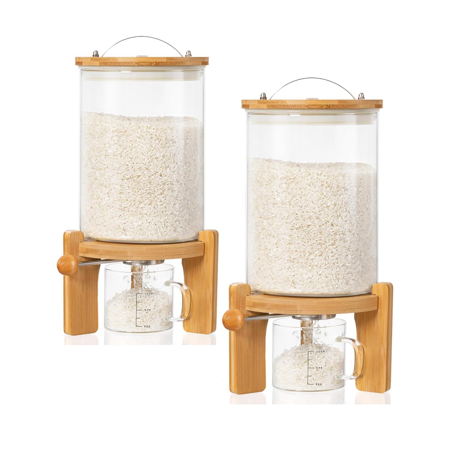 HBlife 5-7 Lbs Glass Rice Dispenser with Wooden Stand Flour and Cereal Container with Glass Measuring Cup Pantry Food Organization Storage Bin with Airtight Bamboo Lid, 3L