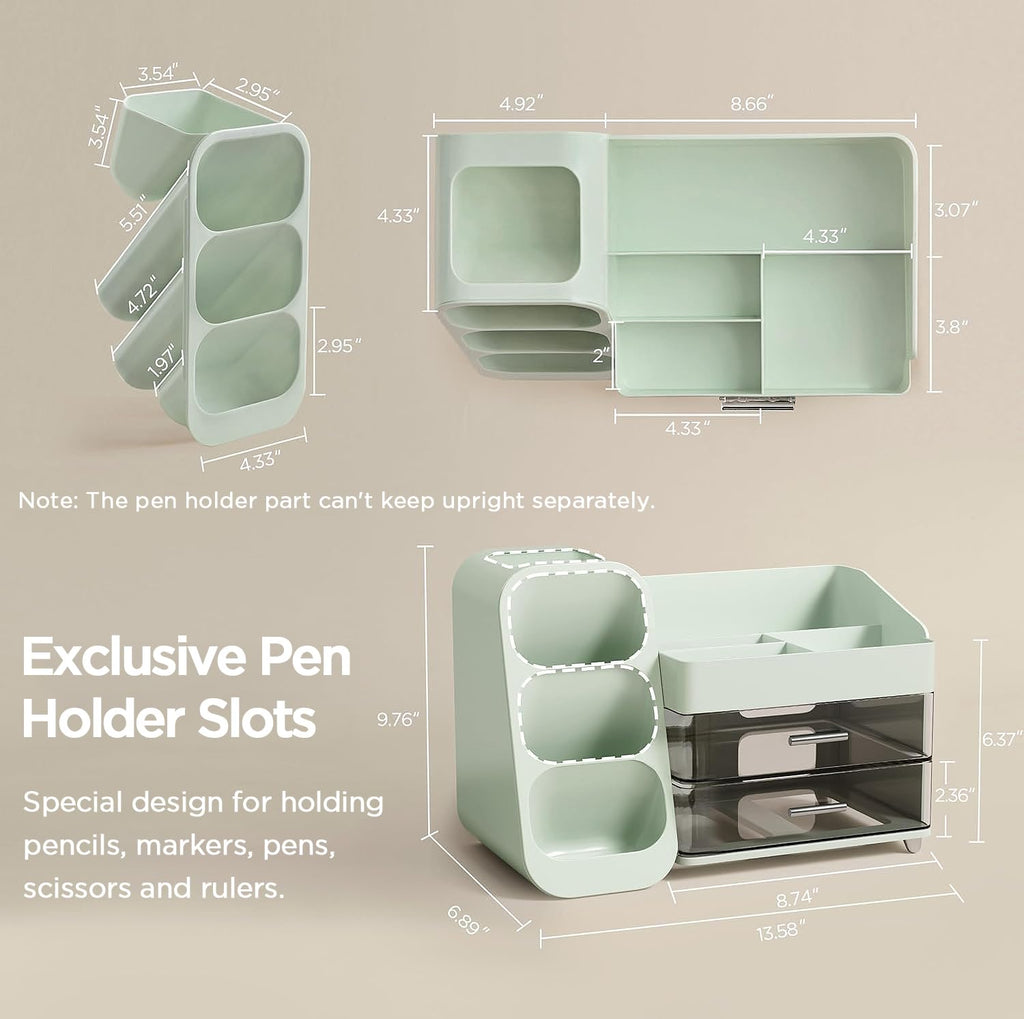 HBlife Desk Organizer with Pen Pencil Holder for Desk, Pen Organizer with 2 Drawers, Desk Organizers and Accessories with 4 Compartments, Desktop Storage for Office Home School Art Supplies, Beige