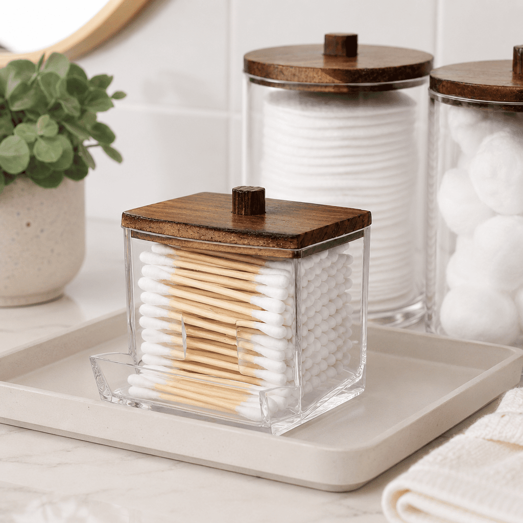 HBlife 4 Pack Qtips Holder Bathroom Container, 10/7 OZ Cotton Ball/Swabs Dispenser, Apothecary Jar Organizer for Storage Brown Wood Lids