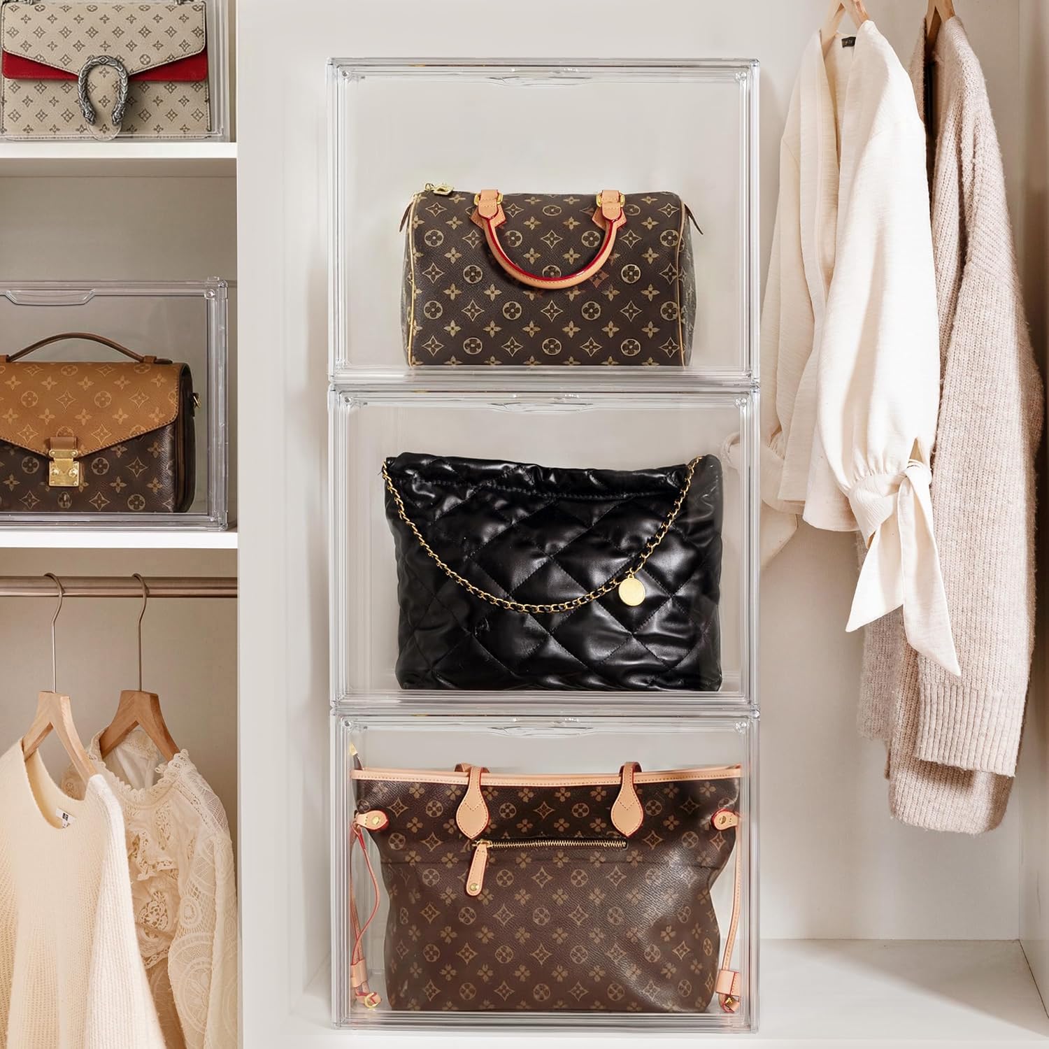 HBlife 10 Pack Purse Storage Organizer for Closet, Large Clear Stackable Handbag Display Case Box with Magnetic Door for Collectibles, Cosmetics, Women Heels and Toys