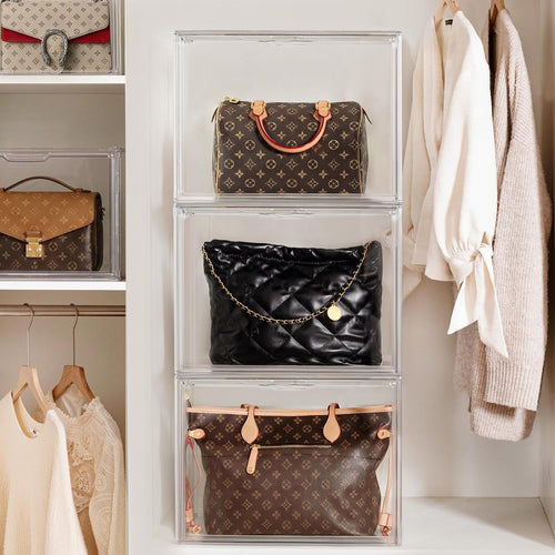 HBlife 10 Pack Purse Storage Organizer for Closet, Large Clear Stackable Handbag Display Case Box with Magnetic Door for Collectibles, Cosmetics, Women Heels and Toys