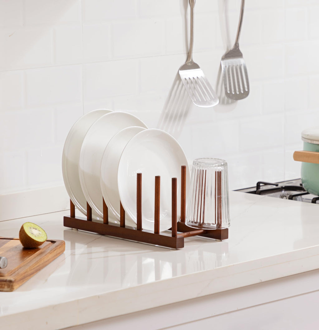 HBlife Teak Dish Plate Bowl Cup Book Pot Lid Cutting Board Drying Rack Stand Drainer Storage Holder Organizer Kitchen Cabinet（Keep Dry）