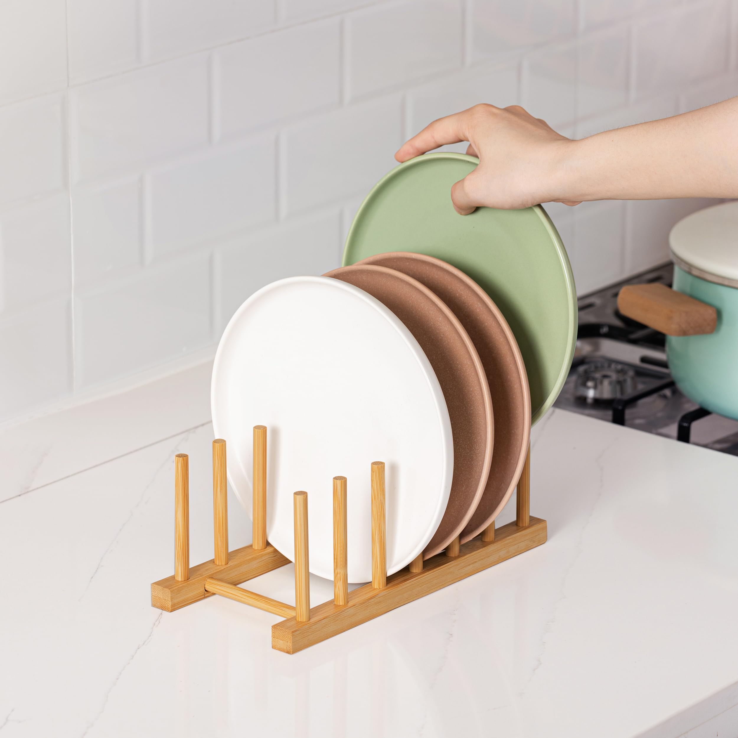 HBlife Acacia Wooden Dish Dying Rack Pot Lid Plate Organizer Holder for Cabinet, Cutting Board Stand Drainer Storage Plate Rack for Dish, Pot Lid, Bowl, Cup, Cutting Board and Books