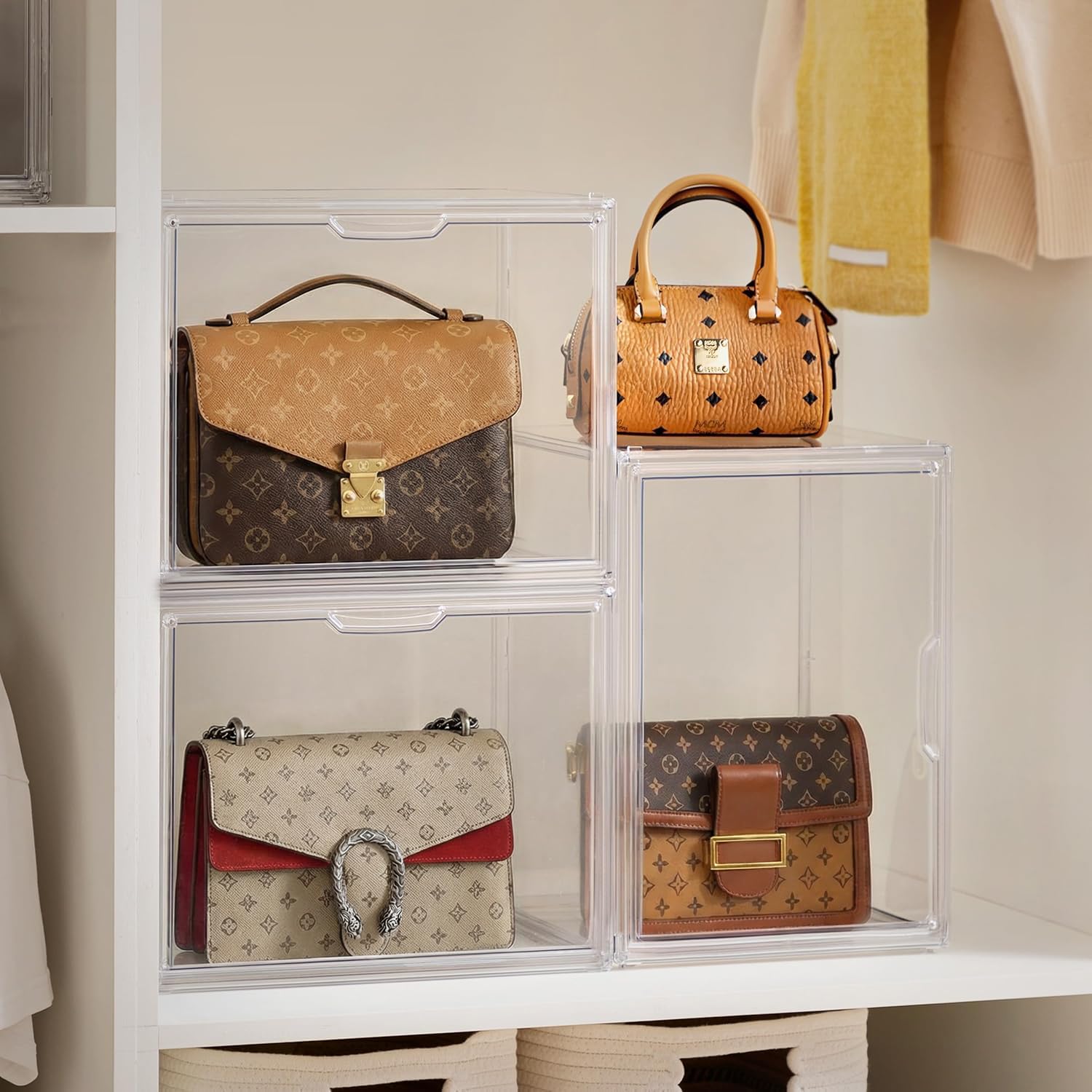 HBlife 10 Pack Purse Storage Organizer for Closet, Large Clear Stackable Handbag Display Case Box with Magnetic Door for Collectibles, Cosmetics, Women Heels and Toys