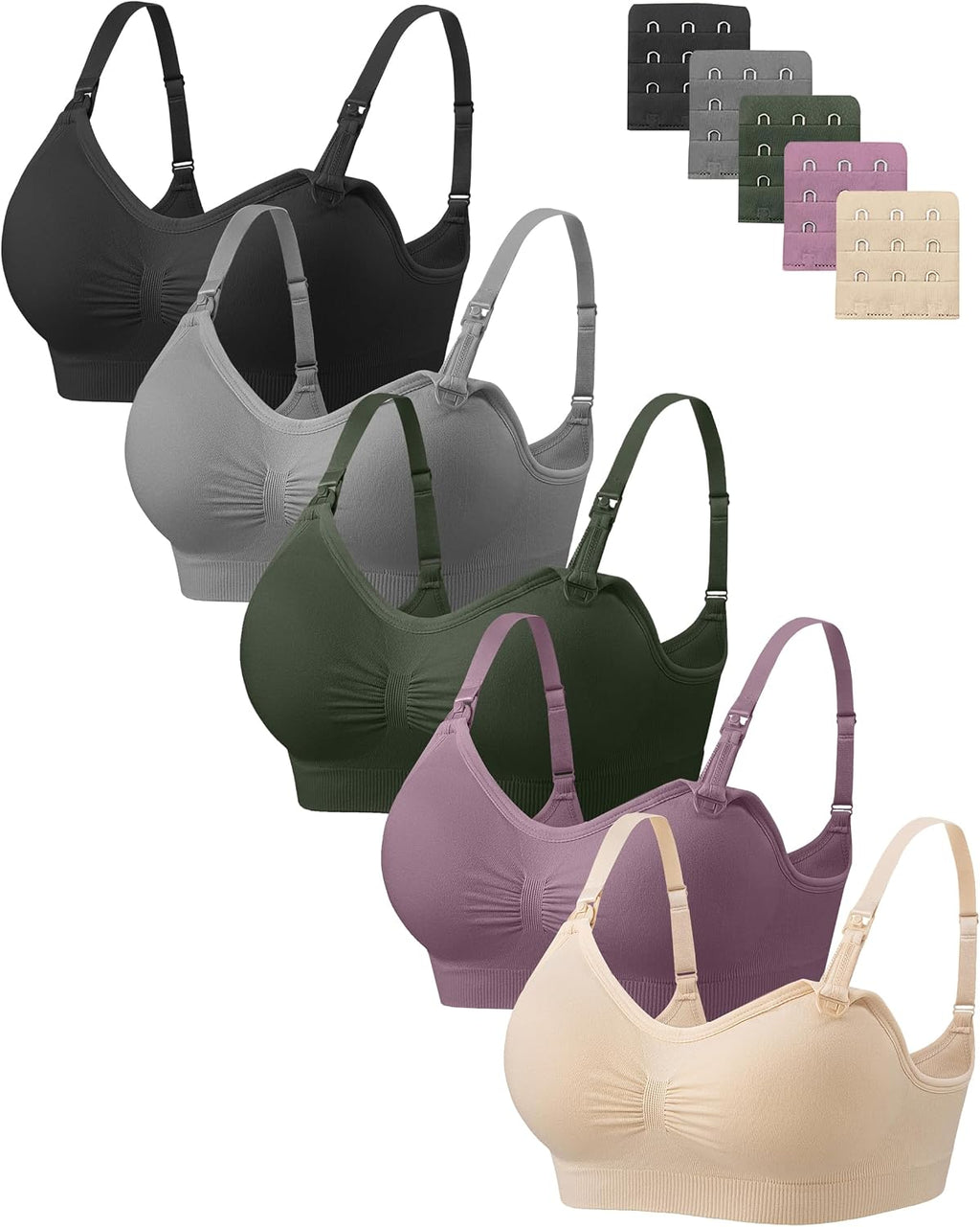 Angelhood Women Nursing Bras for Breastfeeding 5 Pack, Maternity Sleep Bra | Seamless Pregnancy Full Bust Bralettes with Extenders, Wireless V Neck Bralette, Ultra Comfort Postpartum Essentials Bra Pack