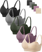 Angelhood Women Nursing Bras for Breastfeeding 5 Pack, Maternity Sleep Bra | Seamless Pregnancy Full Bust Bralettes with Extenders, Wireless V Neck Bralette, Ultra Comfort Postpartum Essentials Bra Pack