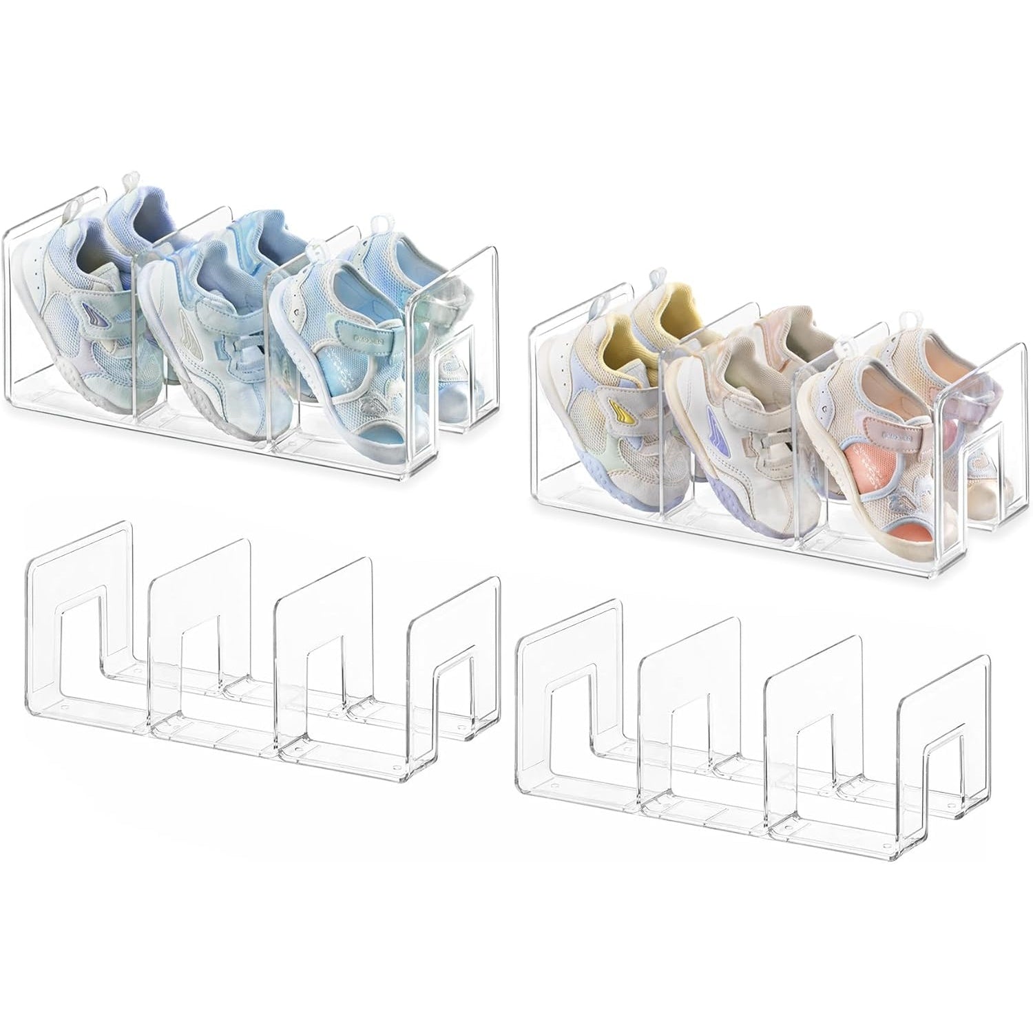 HBlife Black Acrylic Kids Shoe Rack for Closet Organizers and Storage, Small Shoe Rack 4 Sections Toddler Baby Shoe Storage Organizer Stackable Shoe Shelf,Desk File Sorter Book Purse Organizer(2 Pack)