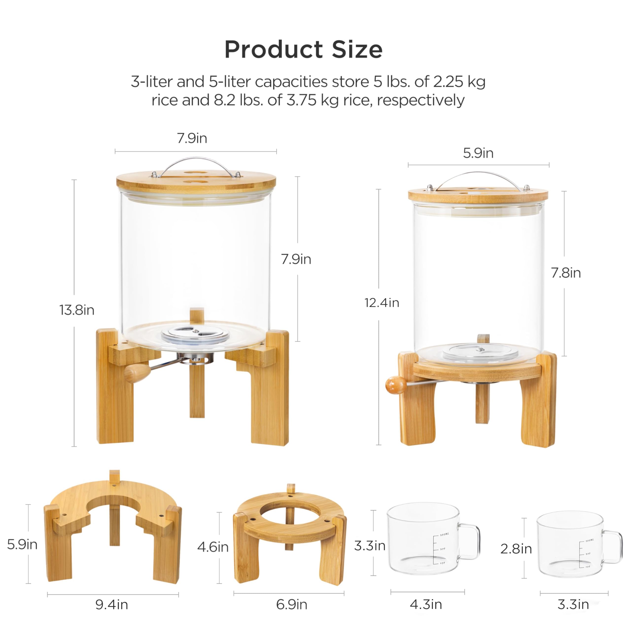 HBlife 5-7 Lbs Glass Rice Dispenser with Wooden Stand Flour and Cereal Container with Glass Measuring Cup Pantry Food Organization Storage Bin with Airtight Bamboo Lid, 3L