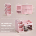 HBlife Desk Organizer with Pen Pencil Holder for Desk, Pen Organizer with 2 Drawers, Desk Organizers and Accessories with 4 Compartments, Desktop Storage for Office Home School Art Supplies, Beige