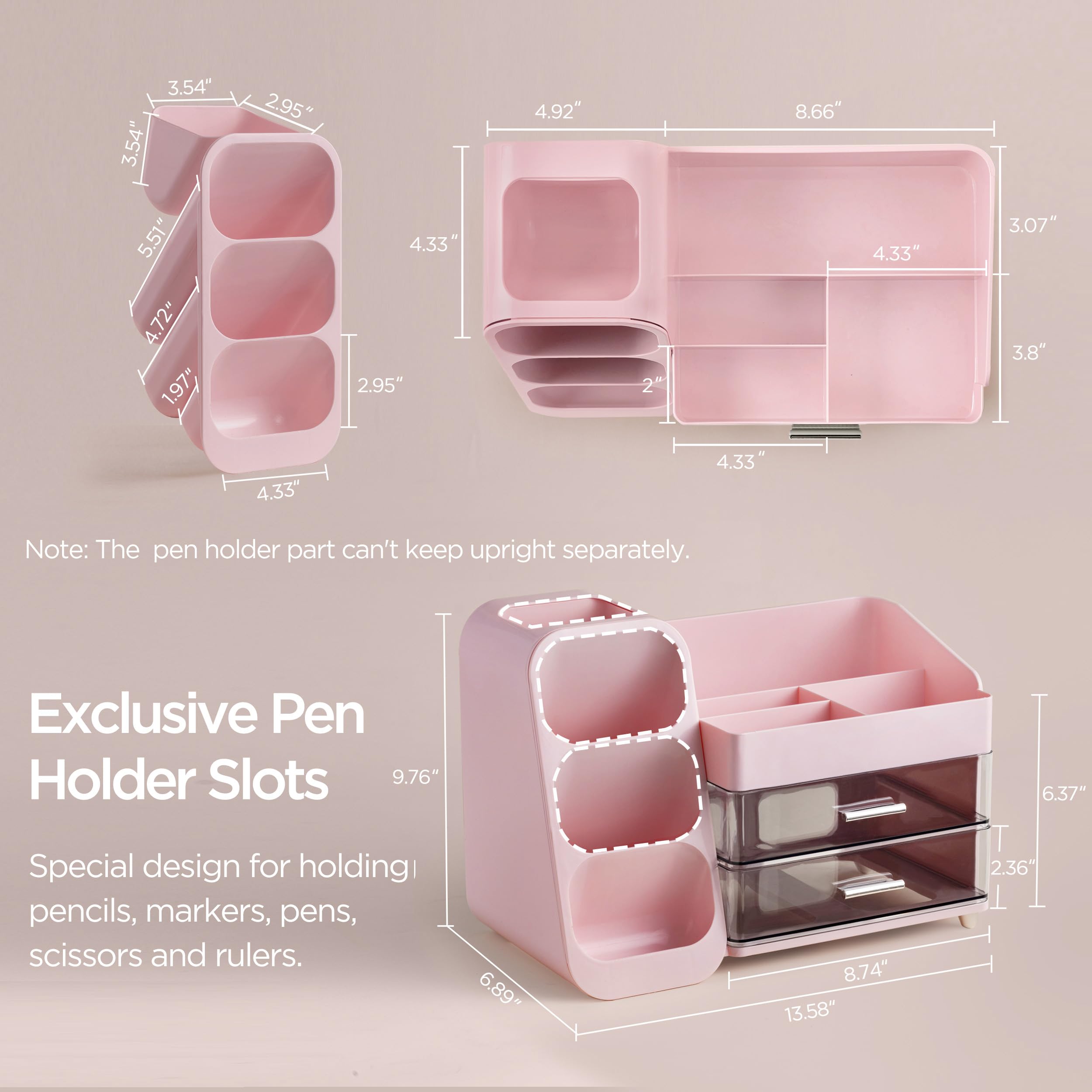 HBlife Desk Organizer with Pen Pencil Holder for Desk, Pen Organizer with 2 Drawers, Desk Organizers and Accessories with 4 Compartments, Desktop Storage for Office Home School Art Supplies, Beige