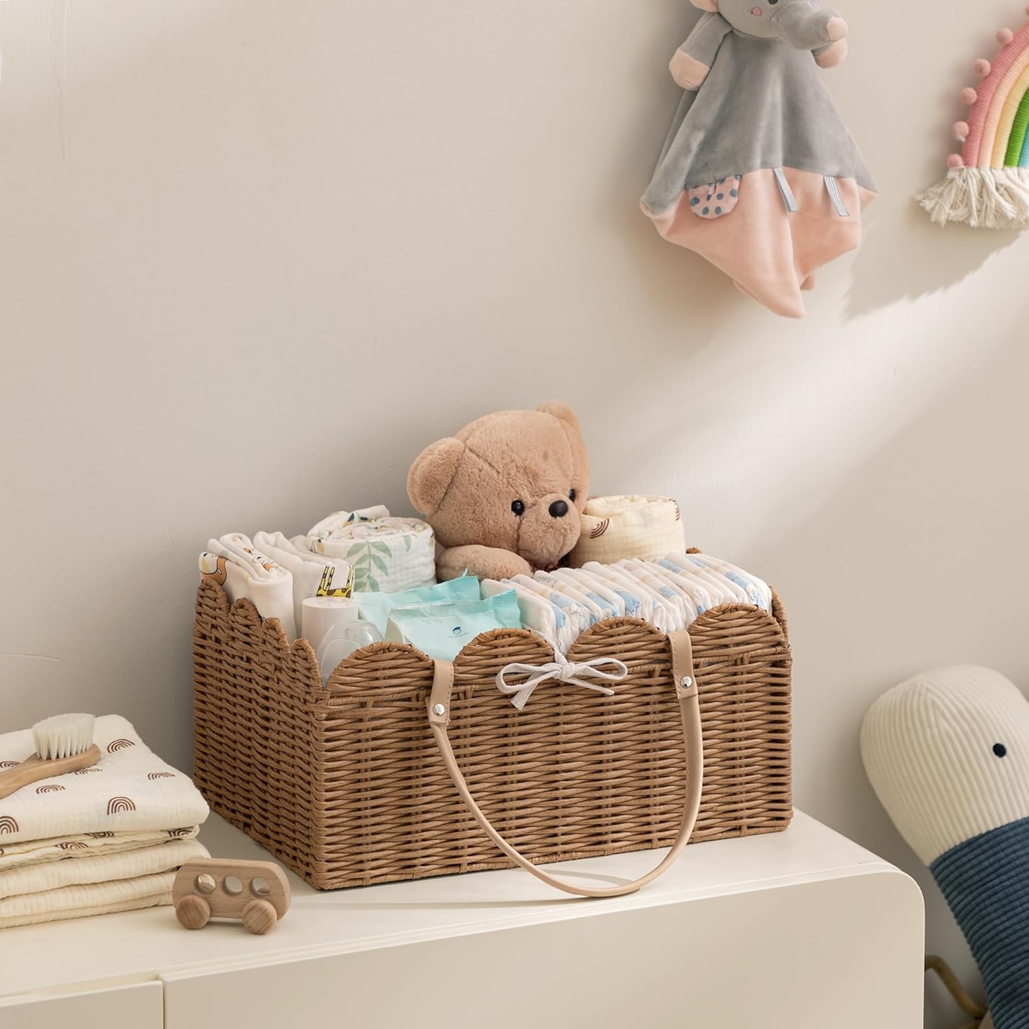 HBlife Baby Diaper Caddy Organizer, Large Portable Scalloped Plastic Wicker Woven Basket with Divider, Nursery Diaper Station, Baby Shower Gifts Basket, Car Organizer, Washable Waterproof