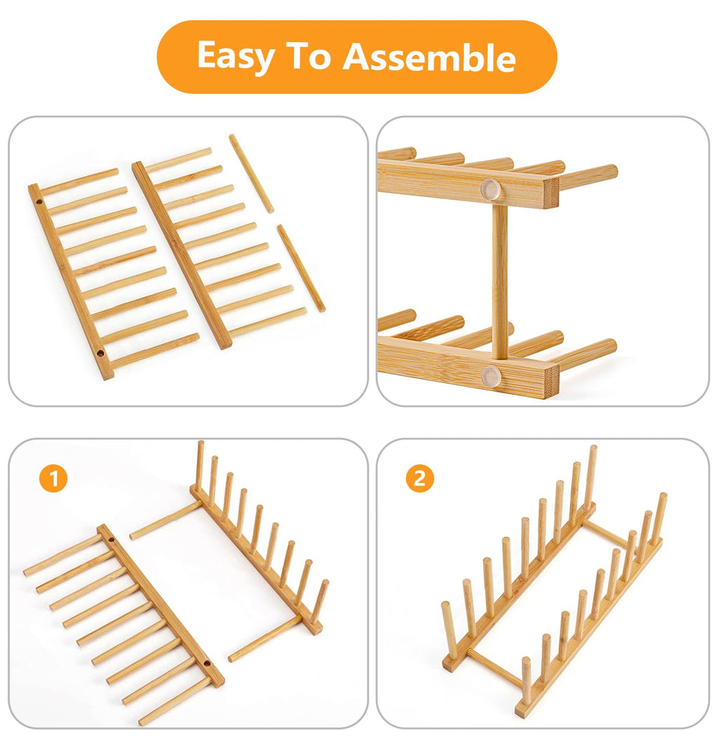 HBlife Heighten and Widen Bamboo Dish Drying Rack Plate Bowl Cup Book Pot Lid Cutting Board Stand Drainer Storage Holder Organizer for Kitchen Cabinet