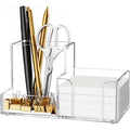 HBlife Acrylic Pen Holder for Desk, 3-Compartment Small Desk Organizer, Clear Office Supplies Desk Accessories with Sticky Notes Holder Stores Post It Notes 3X3 for Office, Home and School