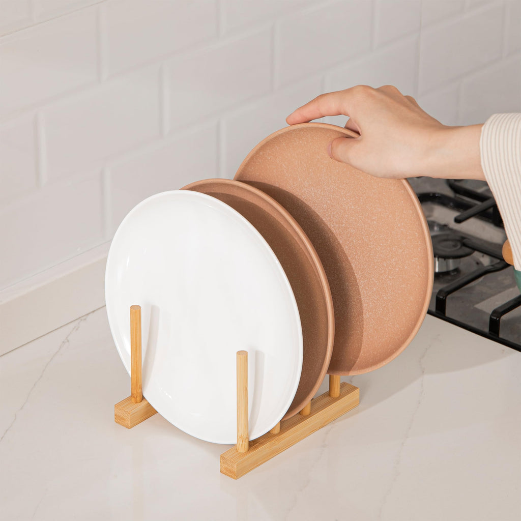 HBlife Acacia Wooden Dish Dying Rack Pot Lid Plate Organizer Holder for Cabinet, Cutting Board Stand Drainer Storage Plate Rack for Dish, Pot Lid, Bowl, Cup, Cutting Board and Books