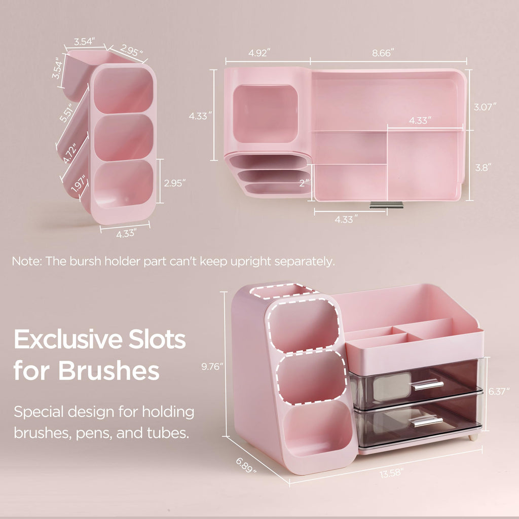 HBlife Makeup Organizer with Brush Holder for Vanity, Large Plastic Bathroom Countertop Organizer Skin Care Storage, Easy to Store Lipsticks, Nail Polishes, Perfumes, Eyeshadow Palettes, All Beige