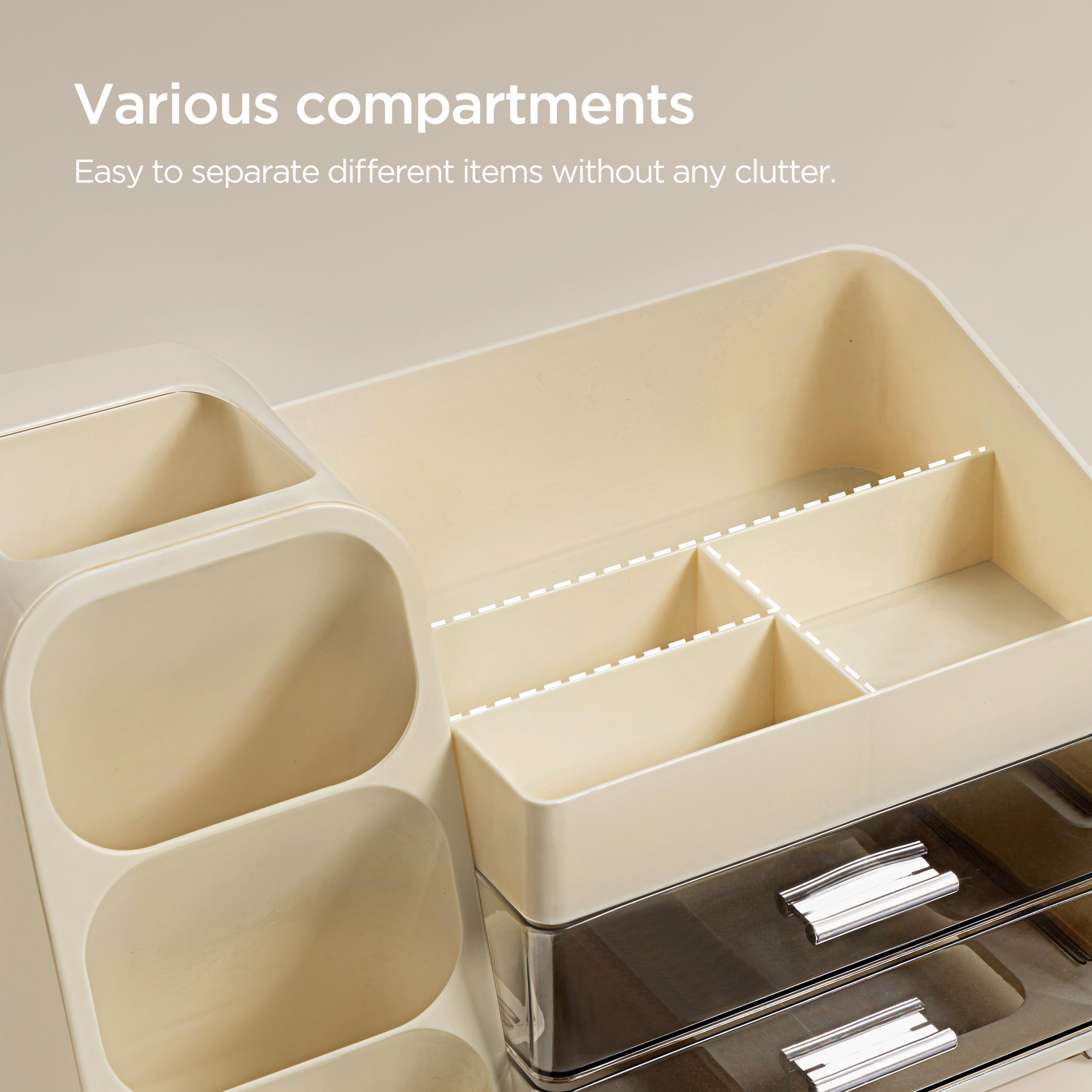 HBlife Makeup Organizer with Brush Holder for Vanity, Large Plastic Bathroom Countertop Organizer Skin Care Storage, Easy to Store Lipsticks, Nail Polishes, Perfumes, Eyeshadow Palettes, All Beige