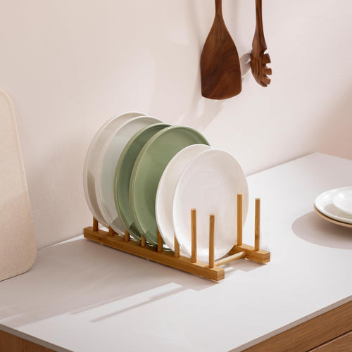 HBlife 2-Pack Bamboo Wooden Dish Rack Holder Space-Saving Vertical Organizer for Plates, Cups, Pots, Lids, Bowls & Cutting Boards Kitchen Cabinet & Counter Storage