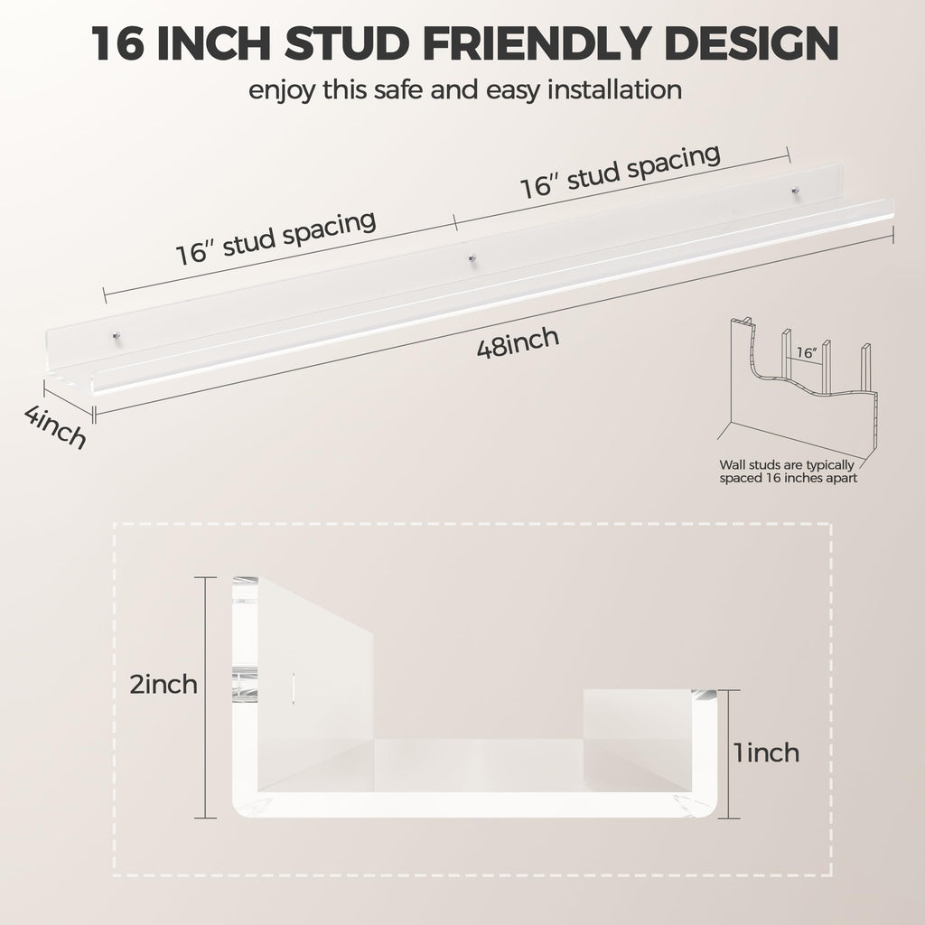 HBlife 24 Inches Floating Shelves Wall Mounted Clear Acrylic Shelves for Figures, 16 Inch Stud Spacing Invisible Floating Bookshelf for Kids and Nursery, 2 Pack (5MM Thick)
