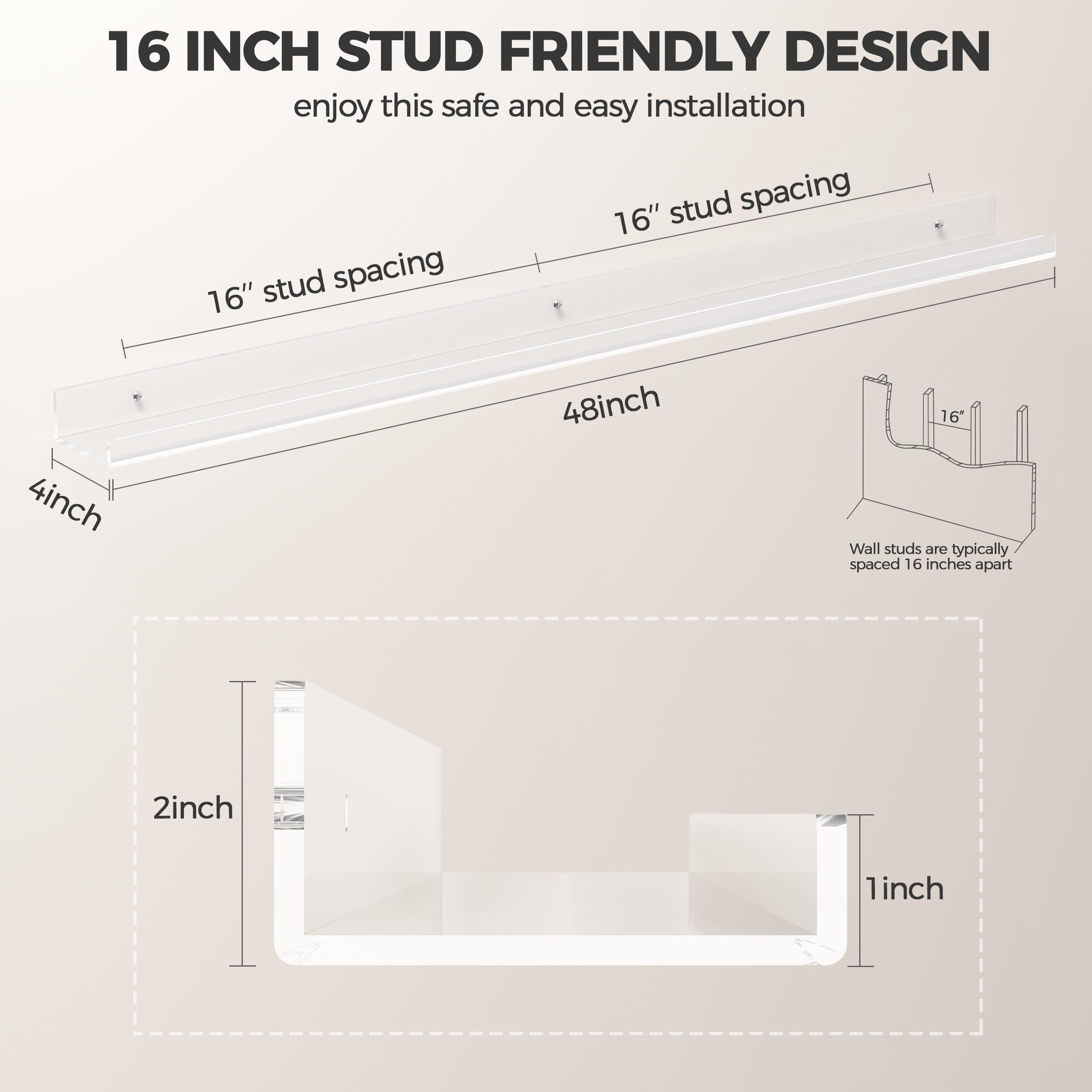 HBlife 24 Inches Floating Shelves Wall Mounted Clear Acrylic Shelves for Figures, 16 Inch Stud Spacing Invisible Floating Bookshelf for Kids and Nursery, 2 Pack (5MM Thick)