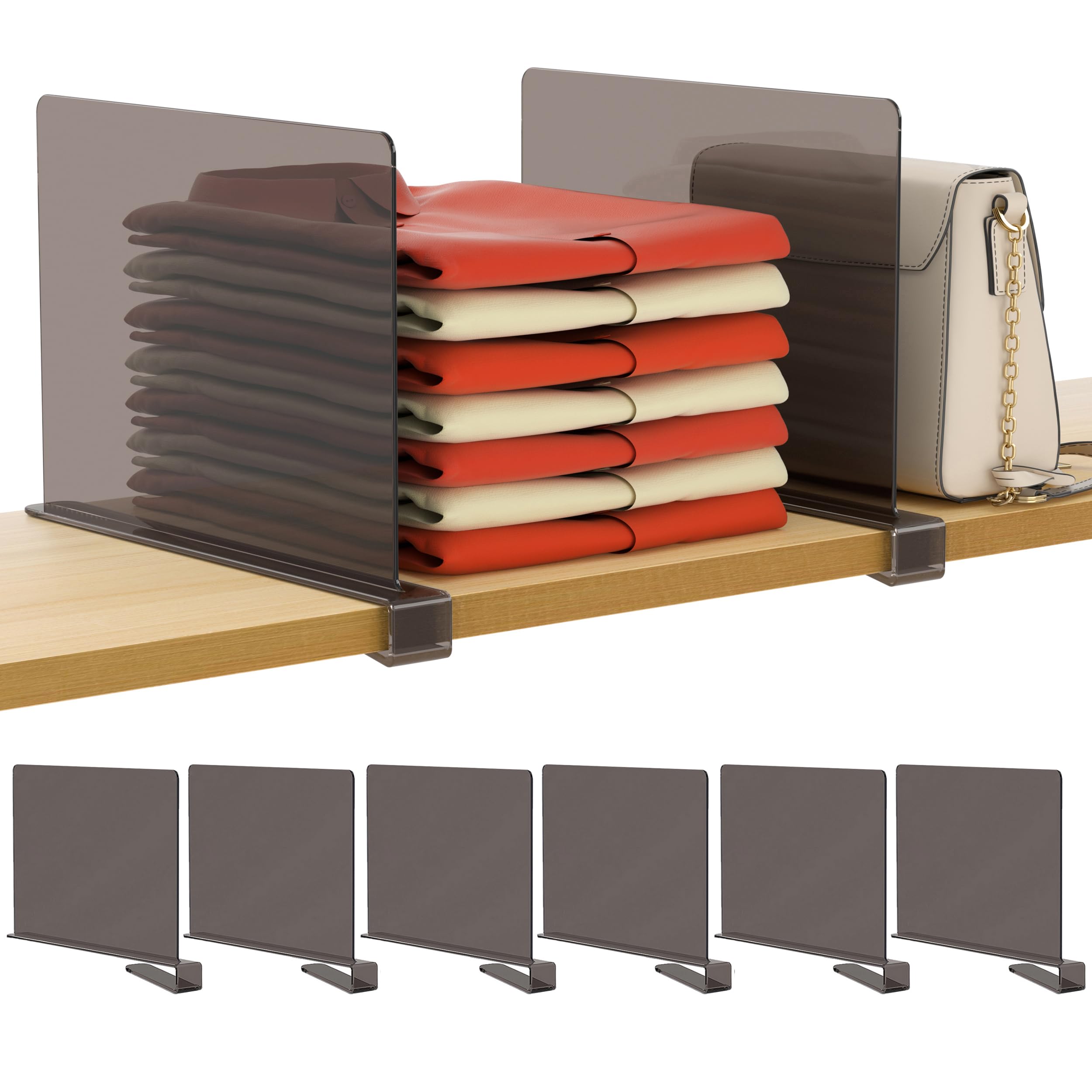 HBlife 6 Black Shelf Dividers, Vertical Purse Organizer for Closet Perfect for Sweater, Shirts, Handbags in Bedroom and Kitchen, Adjustable Acrylic Bookshelf for Organization