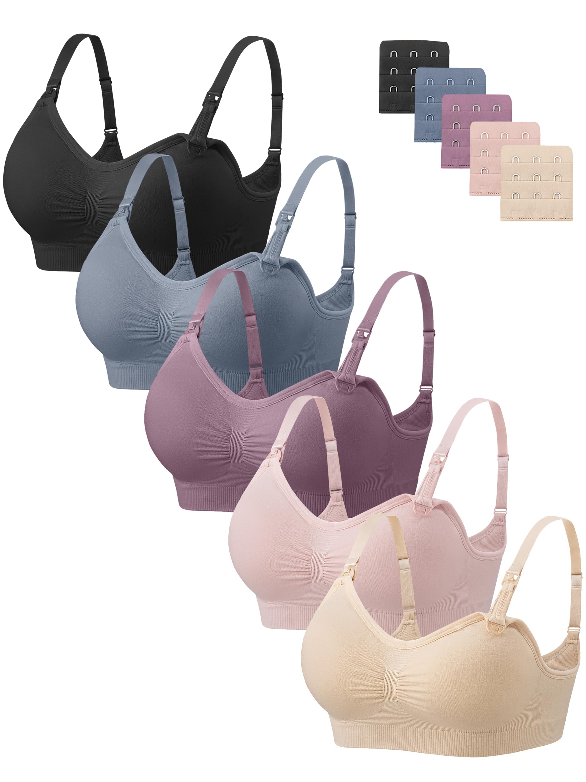 Angelhood Women Nursing Bras for Breastfeeding 5 Pack, Maternity Sleep Bra | Seamless Pregnancy Full Bust Bralettes with Extenders, Wireless V Neck Bralette, Ultra Comfort Postpartum Essentials Bra Pack