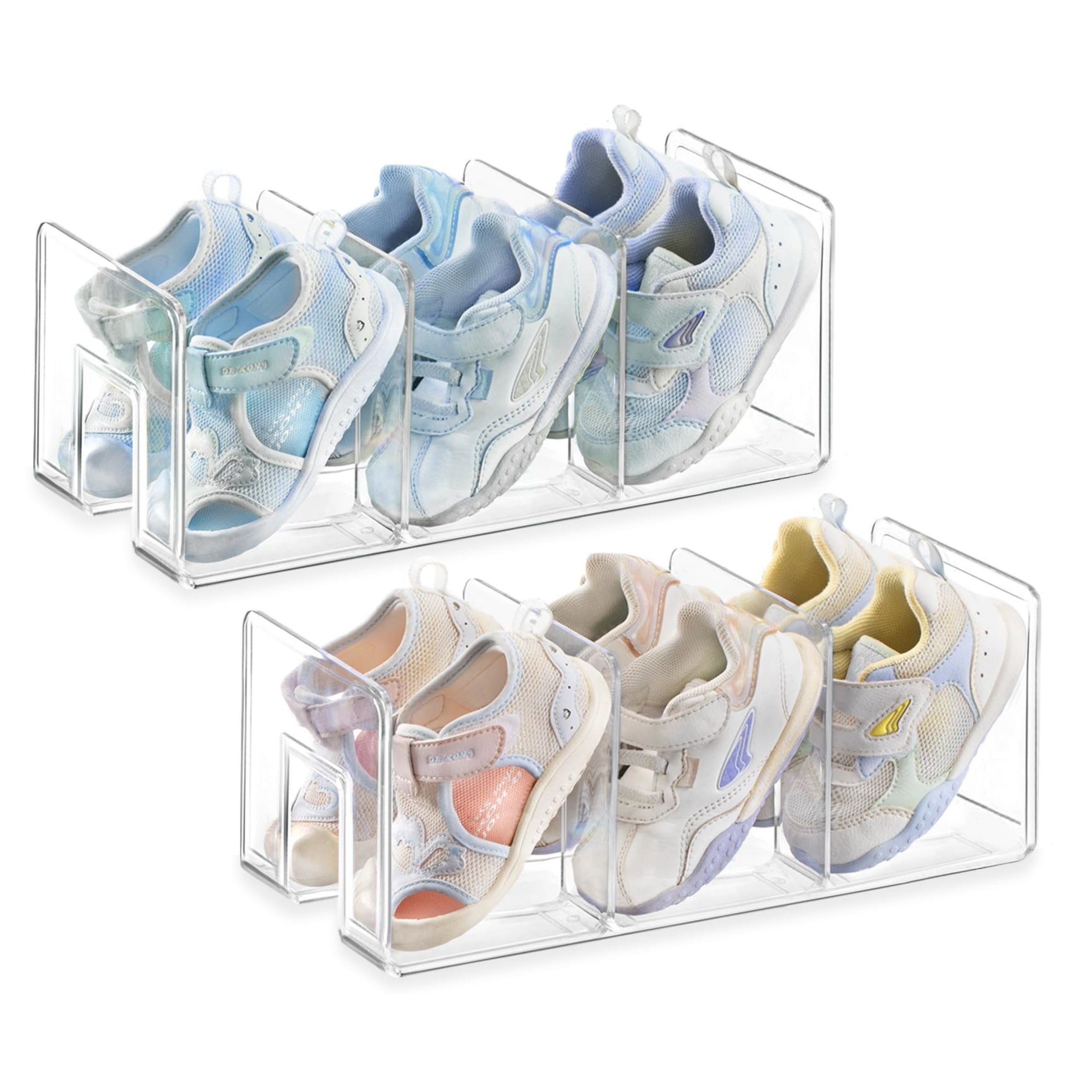 HBlife Black Acrylic Kids Shoe Rack for Closet Organizers and Storage, Small Shoe Rack 4 Sections Toddler Baby Shoe Storage Organizer Stackable Shoe Shelf,Desk File Sorter Book Purse Organizer(2 Pack)