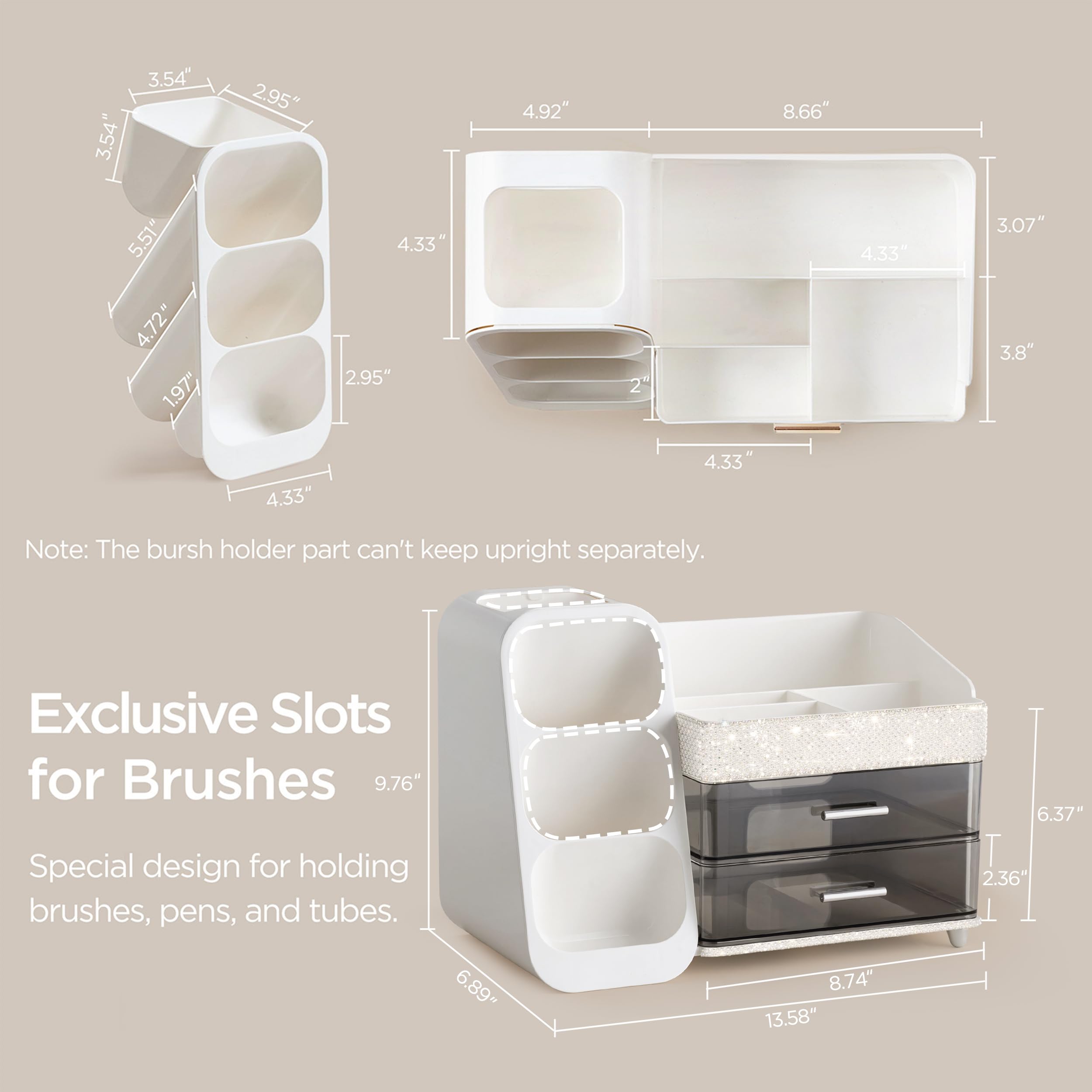 HBlife Makeup Organizer with Brush Holder for Vanity, Large Plastic Bathroom Countertop Organizer Skin Care Storage, Easy to Store Lipsticks, Nail Polishes, Perfumes, Eyeshadow Palettes, All Beige