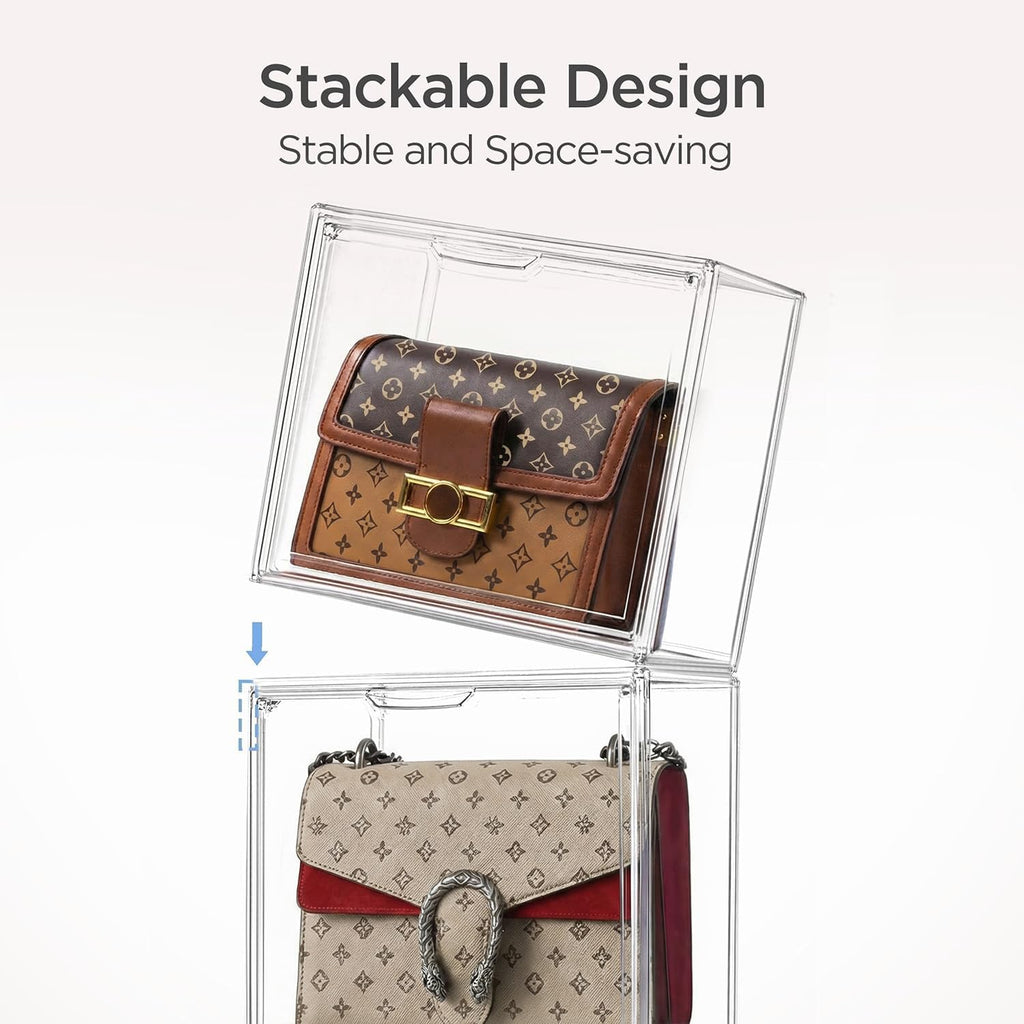 HBlife 10 Pack Purse Storage Organizer for Closet, Large Clear Stackable Handbag Display Case Box with Magnetic Door for Collectibles, Cosmetics, Women Heels and Toys