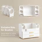HBlife Makeup Organizer for Vanity with Brush Holder, Large Bathroom Countertop Cosmetic Organizer Skin Care Storage, Easy to Store Lipsticks, Nail Polishes, Perfumes, Eyeshadow Palettes, All White