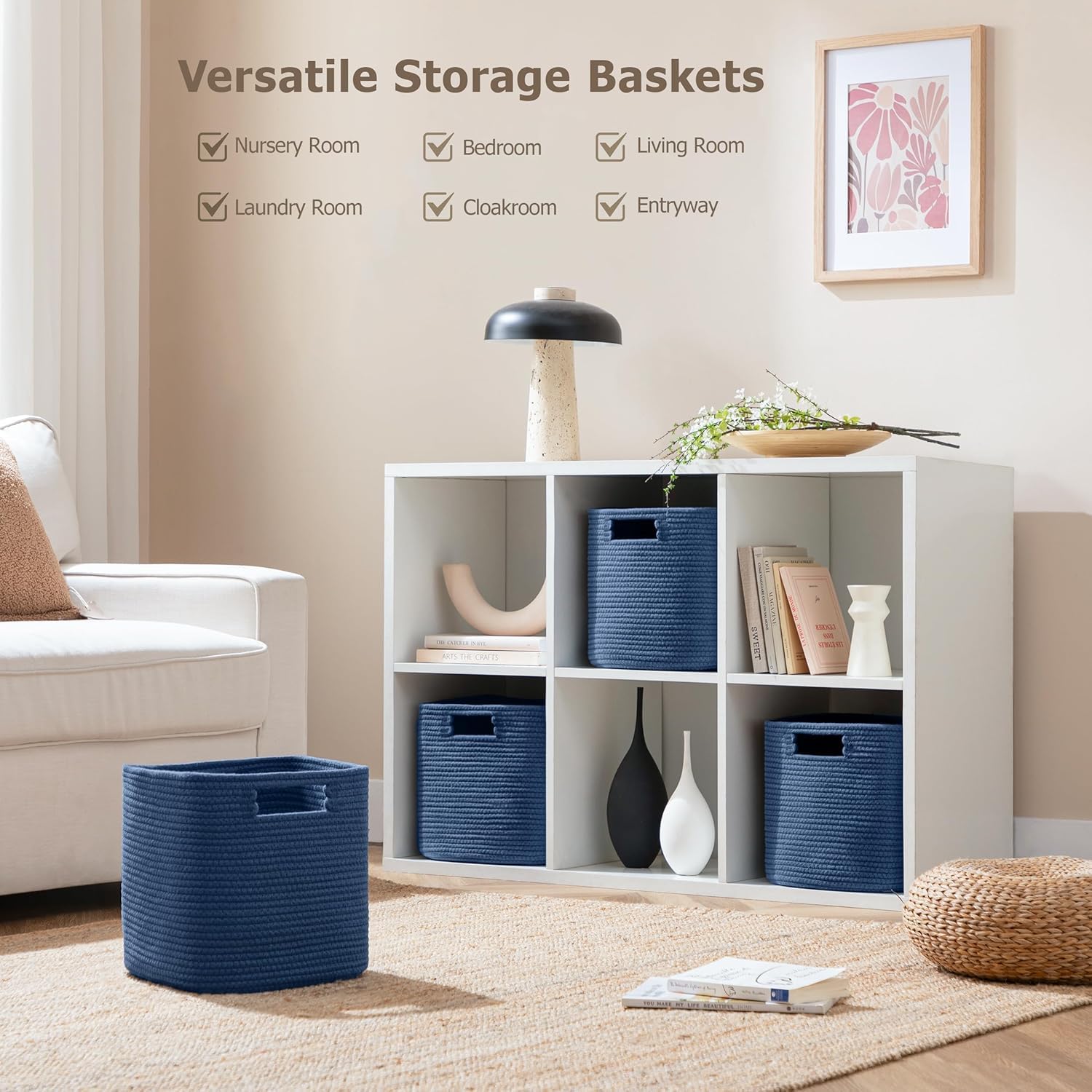 HBlife Set of 4 Storage Cubes-11 X 10.5 X 10.5 In, Cotton Rope Basket for Shelves, Toys, Book, Cube Storage Bin with Handles, Woven Storage Basket for Organizing, Beige